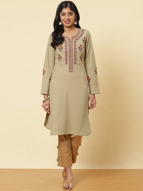 

Lakshita Women Olive Green & Maroon Ethnic Motifs Yoke Design Thread Work Kurta