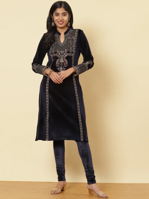 

Lakshita Women Blue Ethnic Motifs Embroidered Velvet Kurta