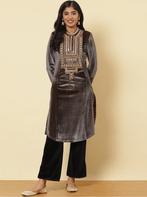 

Lakshita Women Grey & Gold-Toned Ethnic Motifs Yoke Design Mirror Work Velvet Kurta