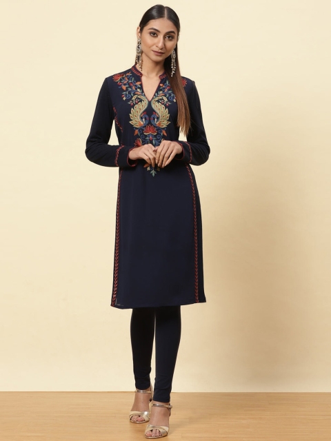 

Lakshita Women Blue & Gold-Toned Ethnic Motifs Yoke Design Thread Work Kurta