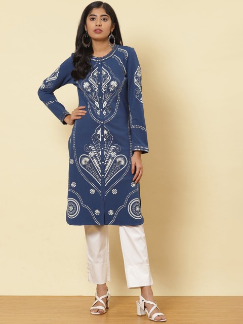 

Lakshita Women Blue & White Ethnic Motifs Embroidered Thread Work Kurta