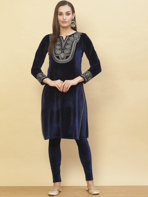 

Lakshita Women Blue & Gold-Toned Ethnic Motifs Embellished Velvet Kurta