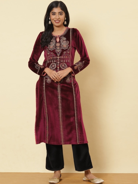 

Lakshita Women Burgundy & Gold-Toned Ethnic Motifs Yoke Design Keyhole Neck Thread Work Velvet Kurta