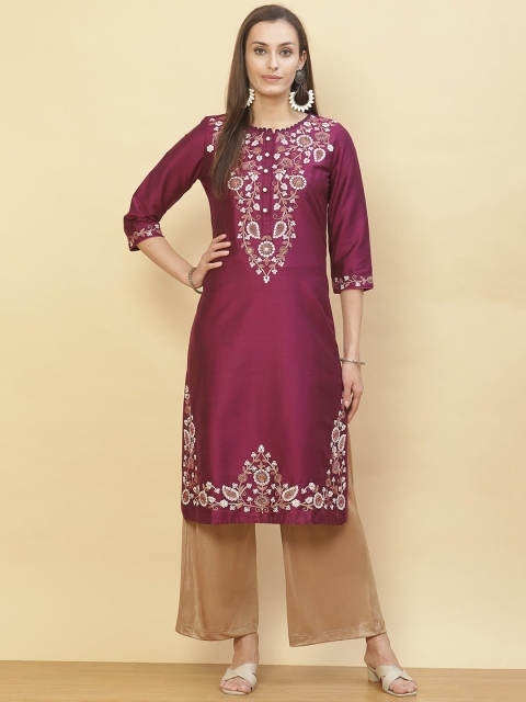 Lakshita Women Burgundy Floral Embroidered Straight Kurta