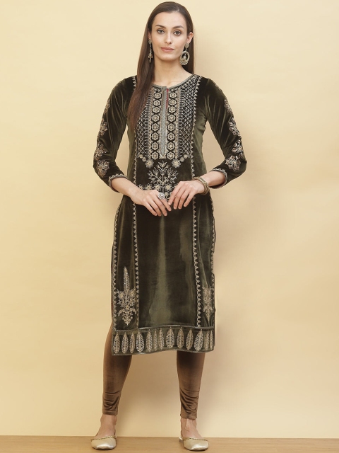 

Lakshita Women Green Ethnic Motifs Embroidered Straight Velvet Kurta