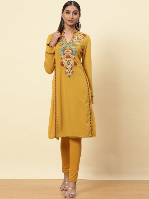 

Lakshita Women Mustard Yellow & Red Ethnic Motifs Yoke Design Thread Work Kurta