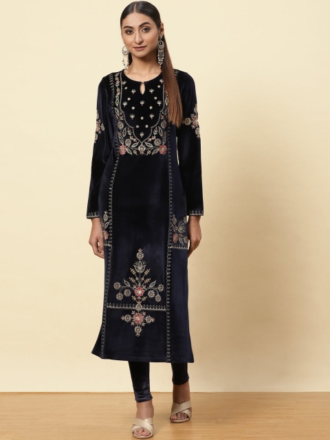 

Lakshita Women Blue & Gold-Toned Embroidered Keyhole Neck Thread Work Kurta