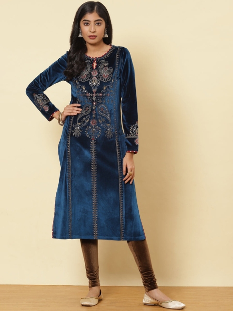 

Lakshita Women Teal Blue Embroidered Velvet Kurta