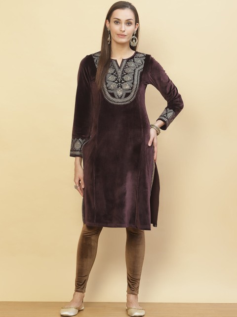 

Lakshita Women Brown & Silver-Toned Ethnic Motifs Yoke Design Thread Work Velvet Kurta