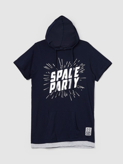 

max Boys Navy Blue Typography Printed Hooded Pure Cotton T-shirt