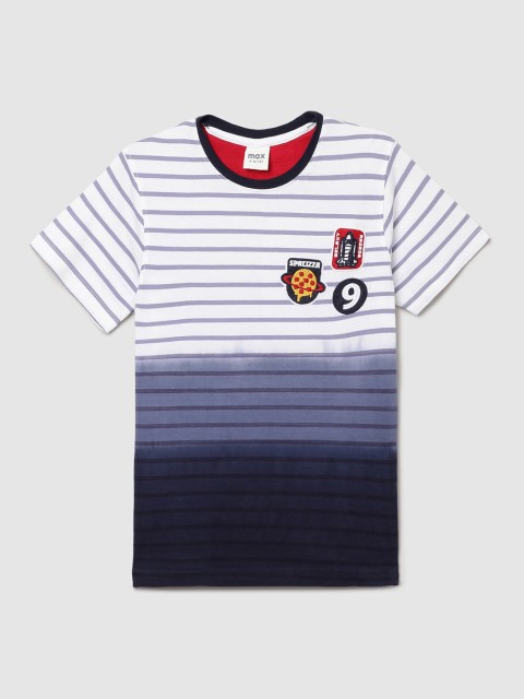 

max Boys White & Navy Blue Striped Cotton T-shirt