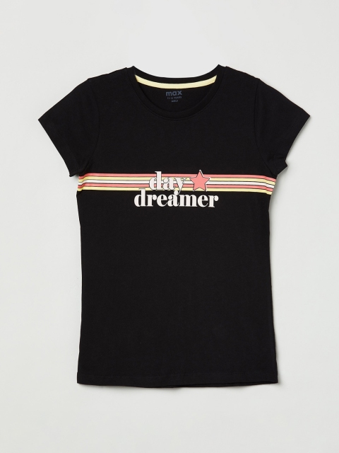 

max Girls Black Typography Cotton T-shirt
