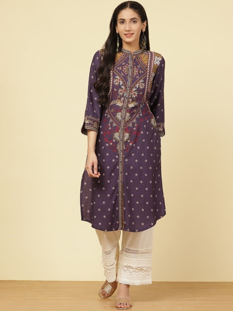 

Lakshita Women Purple & Mustard Yellow Ethnic Motifs Printed Cotton Kurta