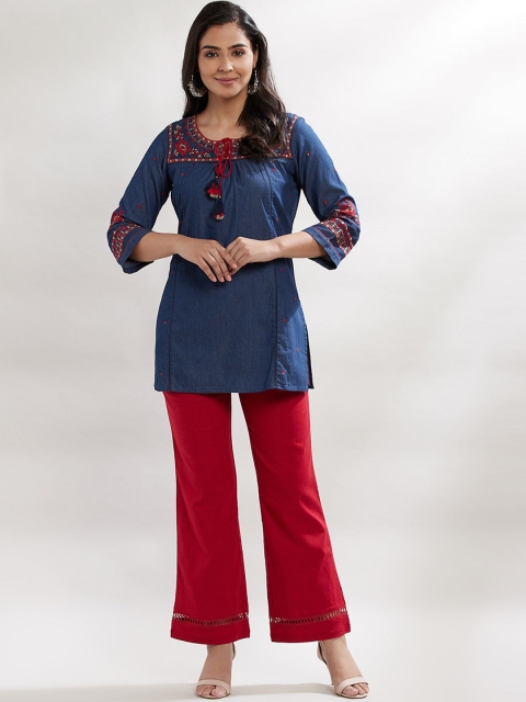 

Lakshita Women Blue Yoke Design Keyhole Neck Flared Sleeves Gotta Patti Kurta