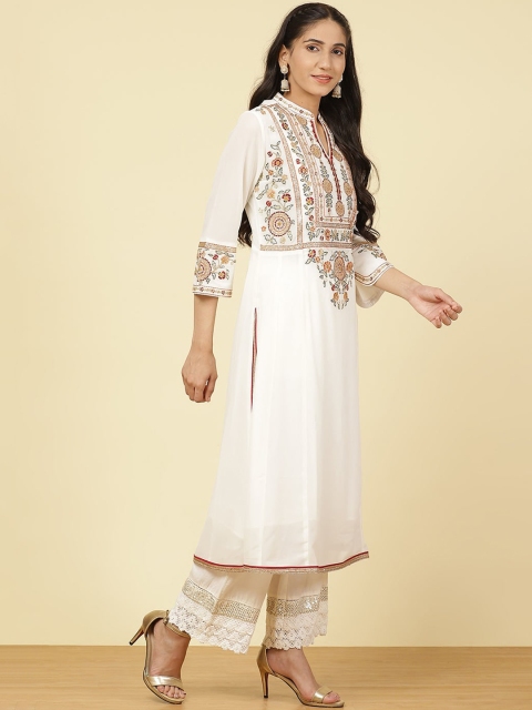 

Lakshita Women White & Beige Ethnic Motifs Yoke Design Thread Work Cotton Kurta
