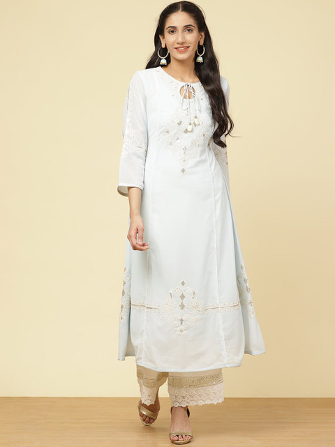 

Lakshita Women Blue Geometric Embroidered Keyhole Neck Flared Sleeves Thread Work Anarkali Kurta