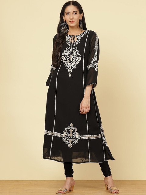 

Lakshita Women Black & White Ethnic Motifs Embroidered Thread Work Cotton Kurta