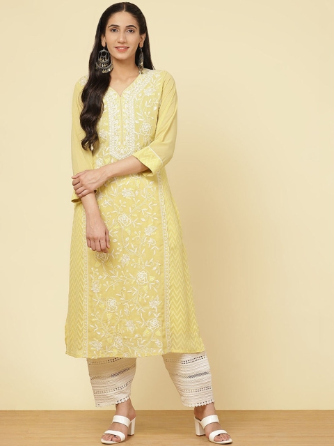 

Lakshita Women Mustard Yellow & White Ethnic Motifs Embroidered Chikankari Cotton Kurta