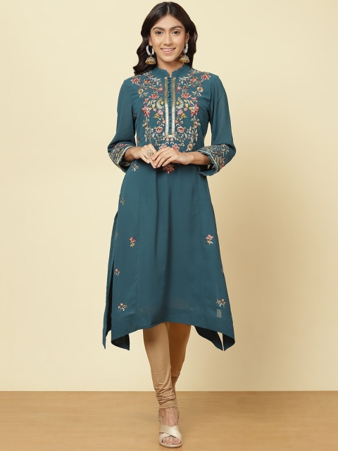 

Lakshita Women Teal Blue & Gold-Toned Ethnic Motifs Embroidered Cotton Kurta