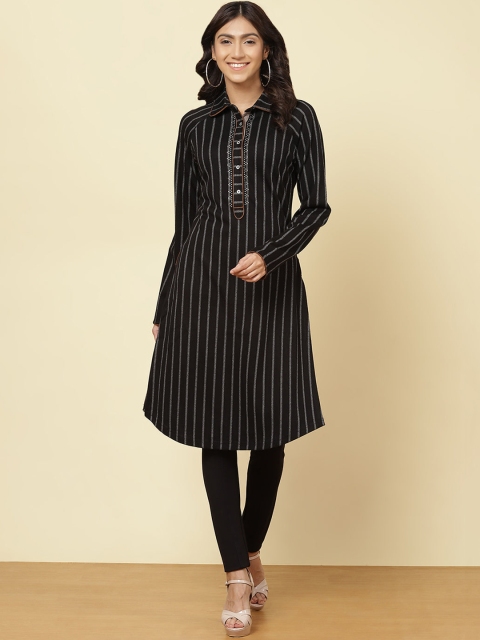 

Lakshita Women Charcoal Striped Flared Sleeves Thread Work Kurta