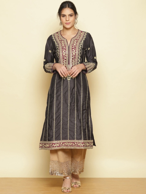 

Lakshita Women Grey & Gold-Toned Ethnic Motifs Embroidered Cotton Kurta