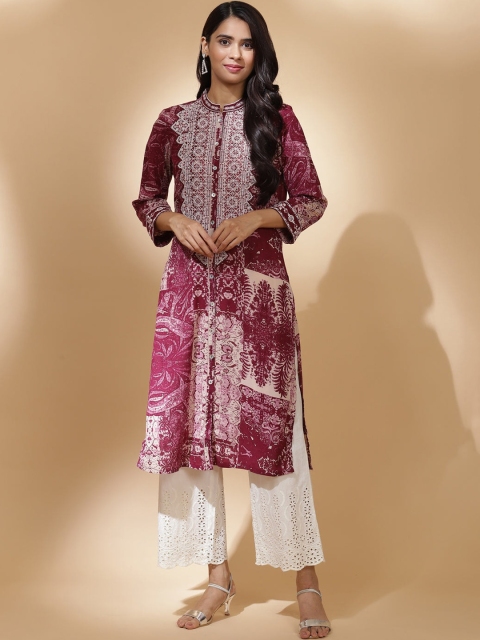 

Lakshita Women Burgundy & White Printed Thread Work Cotton Kurta