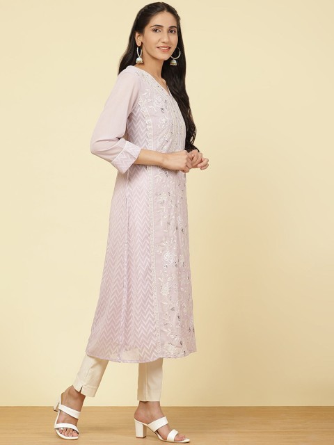

Lakshita Women Lavender & White Chevron Thread Work Cotton Kurta