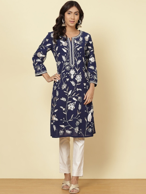 

Lakshita Women Navy Blue & White Ethnic Motifs Embroidered Kurta