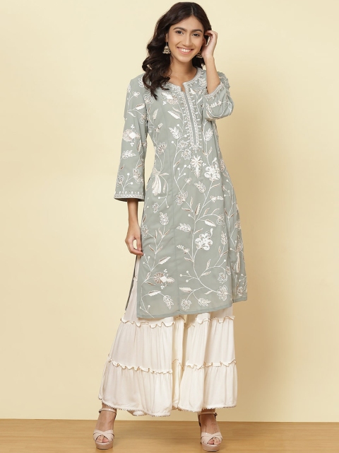 

Lakshita Women Olive Green & White Ethnic Motifs Embroidered Cotton Kurta