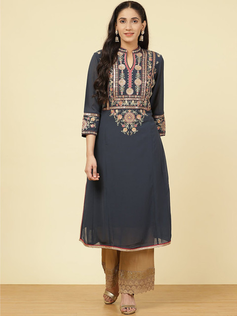 

Lakshita Women Grey Ethnic Motifs Yoke Design Thread Work Kurta