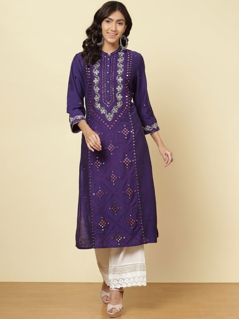 

Lakshita Women Purple & Silver-Toned Ethnic Motifs Embroidered Mirror Work Cotton Kurta