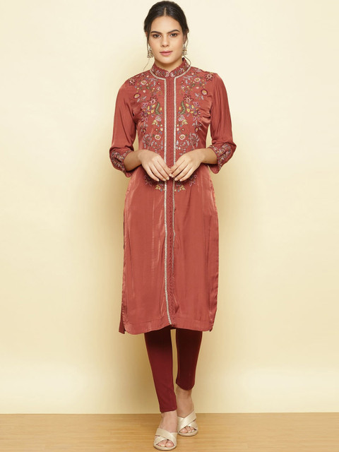 

Lakshita Women Rust & Yellow Ethnic Motifs Embroidered Cotton Kurta
