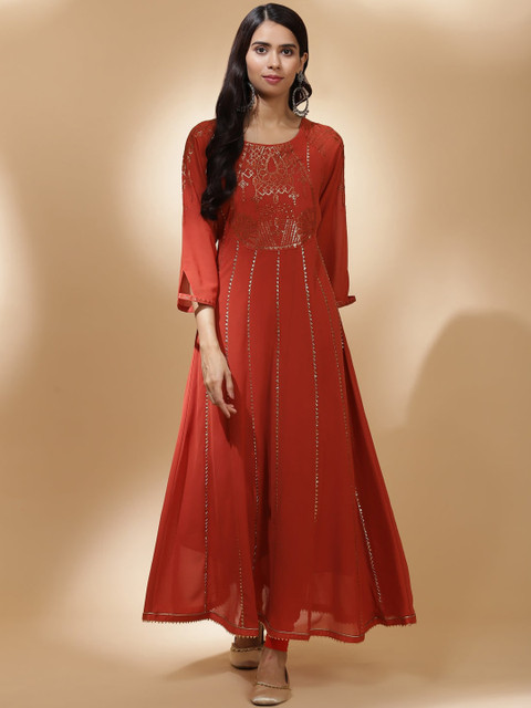 

Lakshita Women Orange & Gold-Toned Ethnic Motifs Yoke Design Gotta Patti Anarkali Kurta