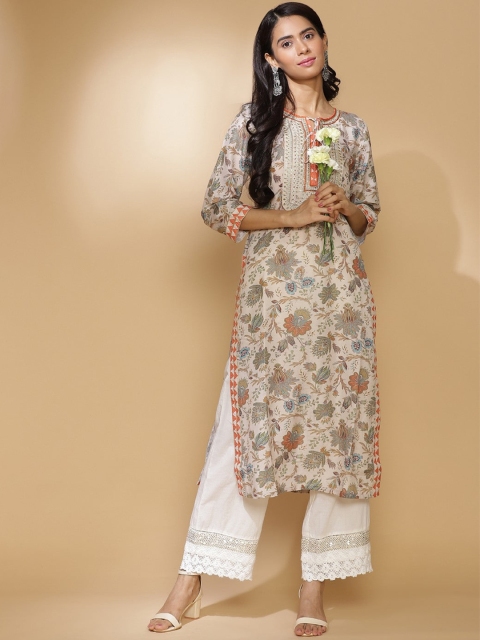 

Lakshita Women Beige Floral Printed Keyhole Neck Mirror Work Straight Kurta