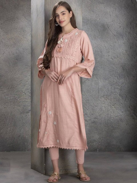 

Lakshita Women Red Ethnic Motifs Schiffly Embroidered Keyhole Neck Thread Work Kurta