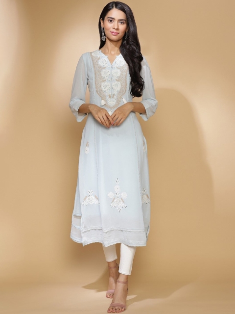 

Lakshita Women Blue Floral Embroidered Thread Work A-Line Kurta