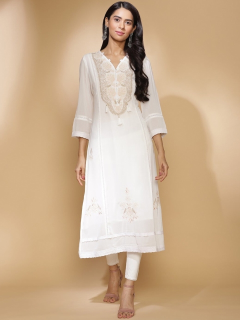 

Lakshita Women White & Gold-Toned Ethnic Motifs Embellished Chikankari Cotton Kurta