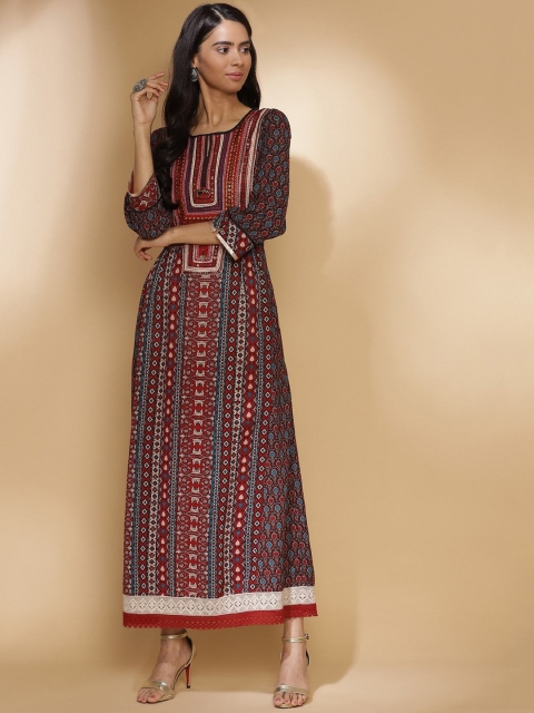 

Lakshita Women Maroon & Teal Ethnic Motifs Printed Thread Work Kurta