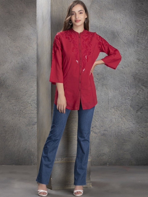 

Lakshita Burgundy Floral Embroidered Mandarin Collar Shirt Style Longline Top