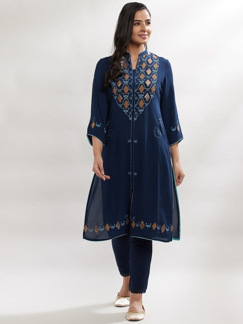 

Lakshita Women Blue & Brown Ethnic Motifs Embroidered Mirror Work Kurta