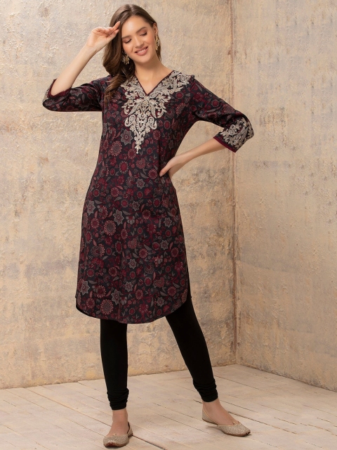 

Lakshita Women Red & Brown Floral Printed Straight Kurta