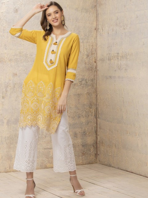 

Lakshita Women Mustard Yellow & White Embroidered Schiffly Straight Kurta