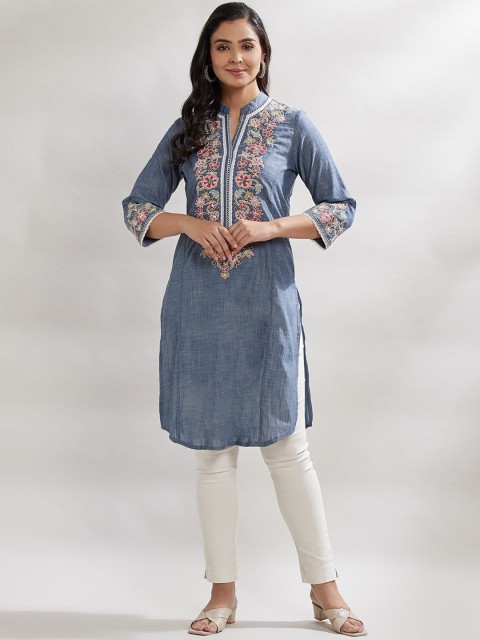 

Lakshita Women Blue Floral Embroidered Thread Work Cotton Kurta