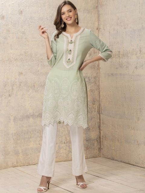 

Lakshita Women Green Ethnic Motifs Printed Thread Work Kurta
