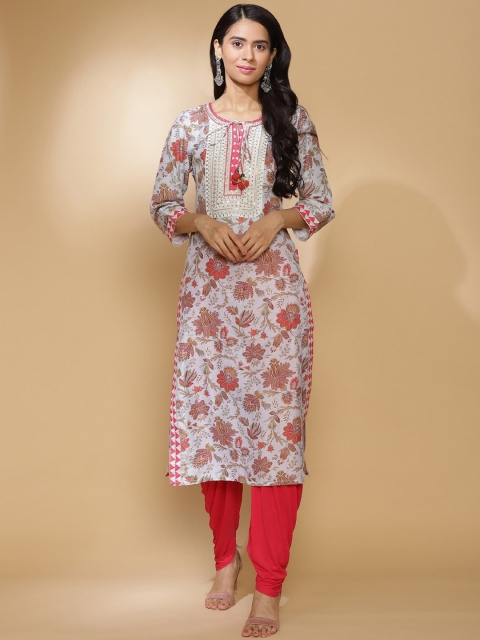 

Lakshita Women Blue Floral Printed Keyhole Neck Thread Work Kurta