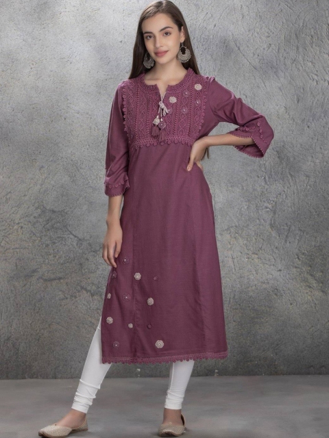 

Lakshita Women Red Floral Embroidered Schiffly Thread Work Kurta