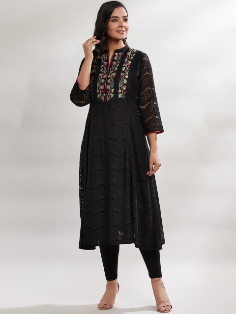 

Lakshita Women Black & Blue Ethnic Motifs Yoke Design Schiffli Thread Work Kurta