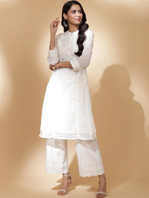 

Lakshita Women White Ethnic Motifs Embroidered Thread Work Cotton Kurta