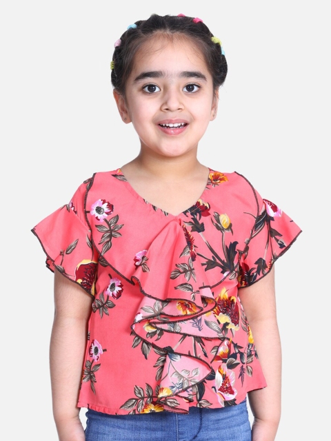 

Cutiekins Pink & Green Floral Print Ruffles Crepe Top