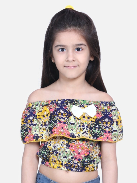 

Cutiekins Blue & Yellow Floral Print Off-Shoulder Ruffles Crepe Bardot Crop Top